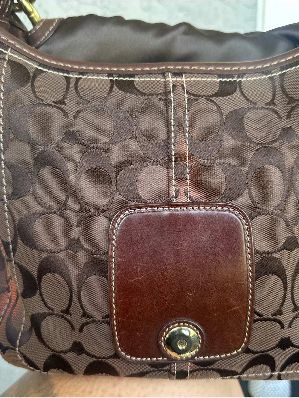 Coach Brown and Tan Signature Messenger Bag with Brass Buckle